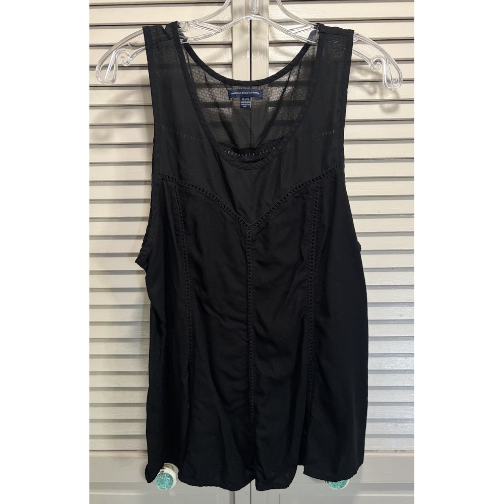 American Eagle Black Tank Top Blouse Size XL Crochet Detail Scoop Neck Boho